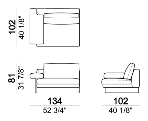 Ego Sofa by Arketipo, size drawing: Right or left unit