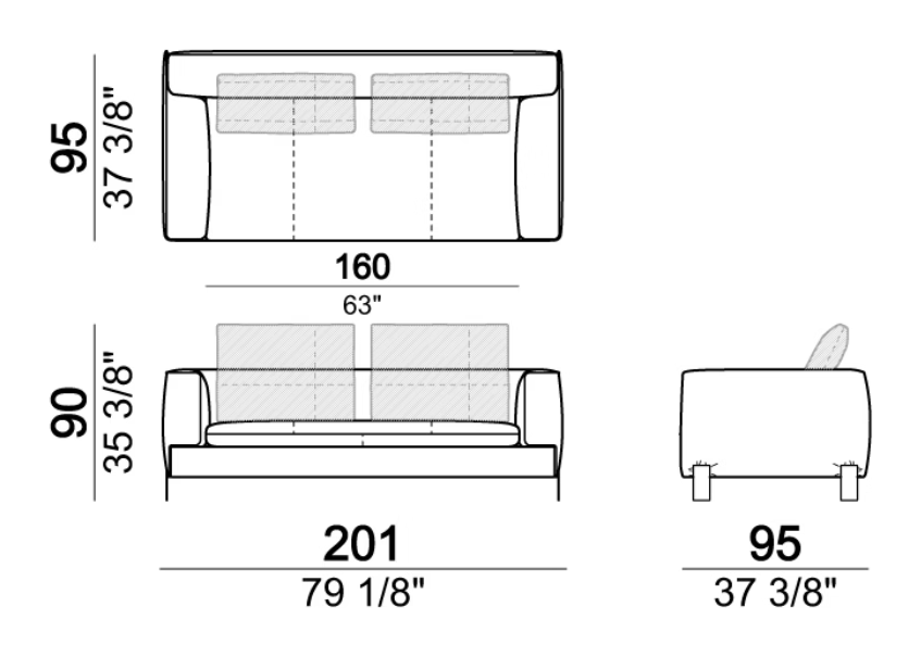 Brown Sugar Sofa by Arketipo, size drawing: Sofa / corner sofa SLIM