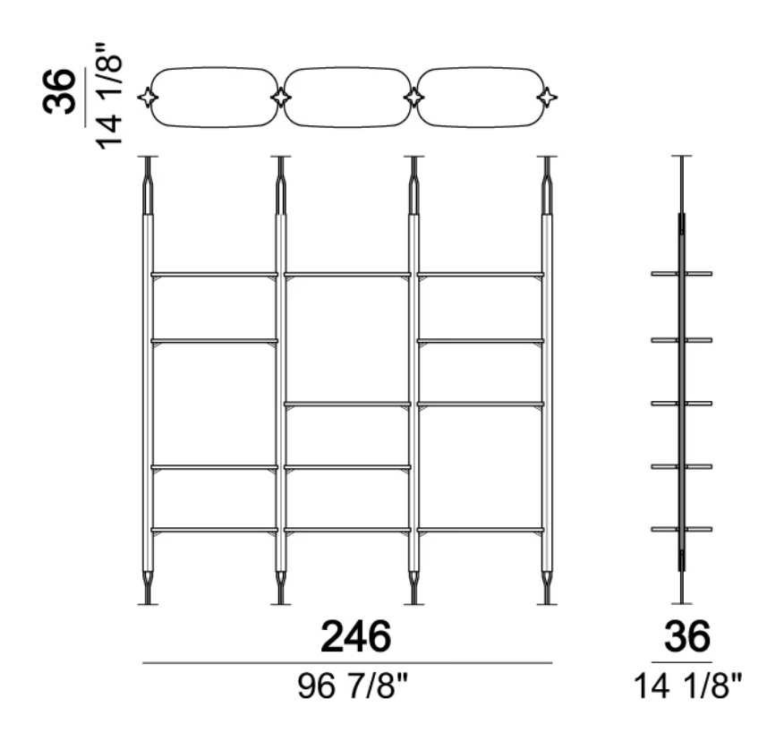More Bookcase by Arketipo, size drawing: 4 uprights + 12 shelves 80 cm
