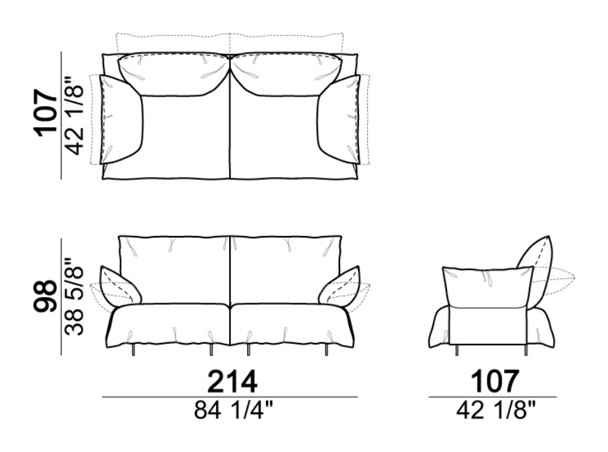 Bodyguard Zen Sofa by Arketipo, size drawing: Sofa made by right unit 107 cm + left unit 107 cm