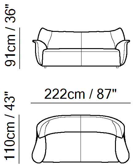 Juno Sectional by Natuzzi Italia: Two-and-a-half-seater sofa, outline drawing with sizes