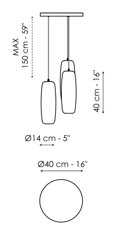 Bio-S Lamp Collection by Bonaldo, size drawing: 3 lights suspension