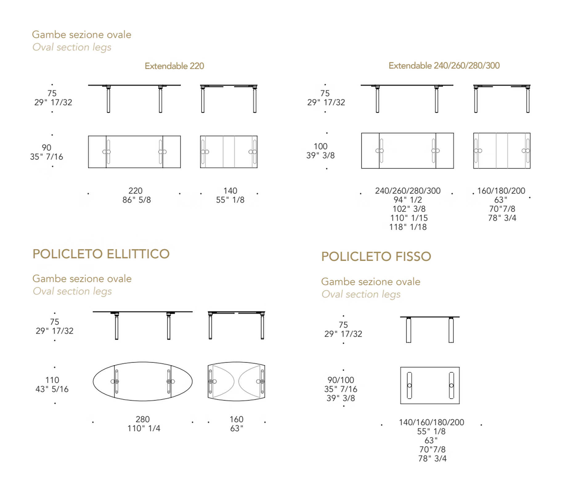 Policleto Re-Edition Dining Table by Reflex, size drawing
