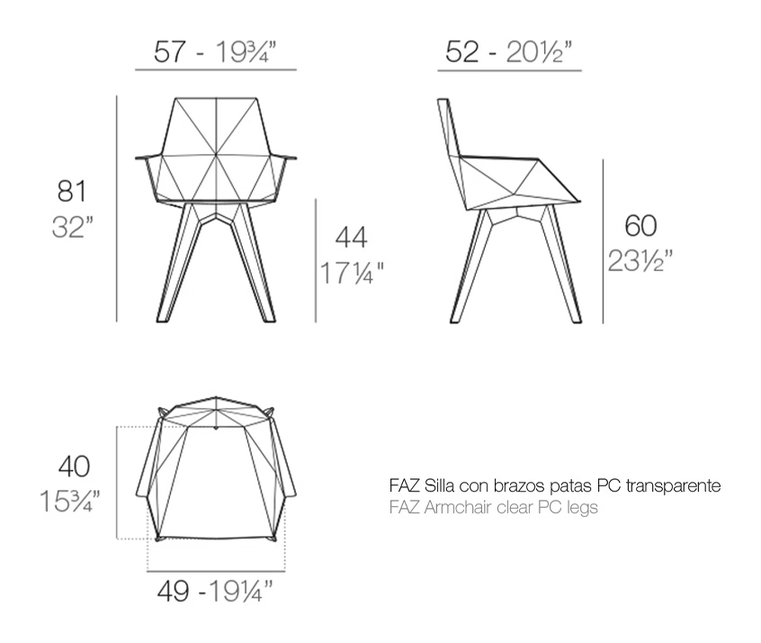 Faz Dining Armchair by Vondom, size drawing