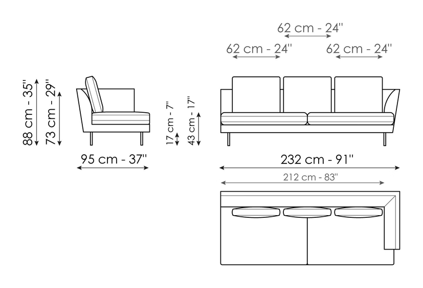 Lars Sofa by Bonaldo, size drawing: End section sofa 232