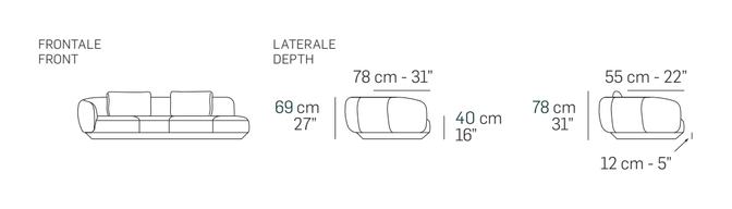 Amalfi Sofa by Nicoline, size drawing: Front and side views