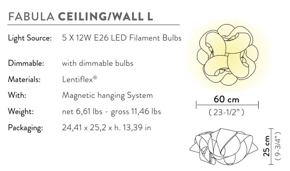 Fabula Ceiling/Wall Lamp by Slamp, size drawing: Fabula Ceiling/Wall L