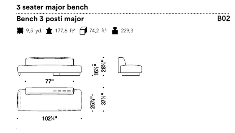 Loveland Sofa by Moroso, size drawing: 3 seater major bench