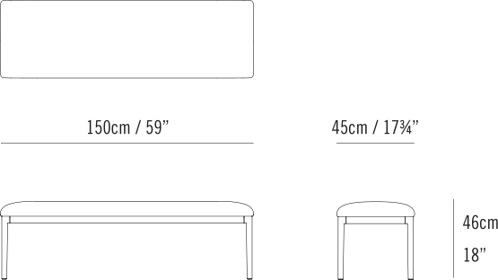 Able Bench by Bensen, size drawing: Able Bench 150