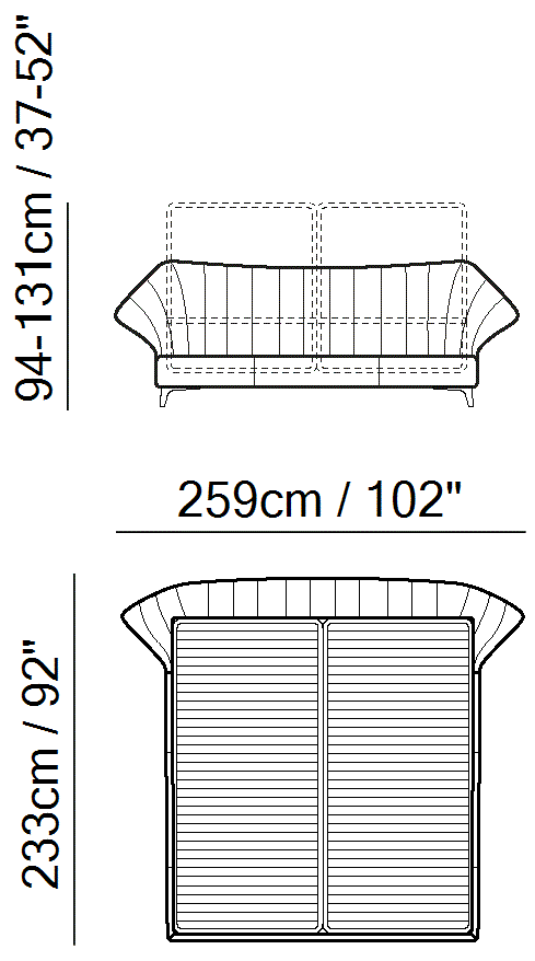 Cala Bed by Natuzzi Italia: Bed secret box mesh 193x203, outline drawing with sizes