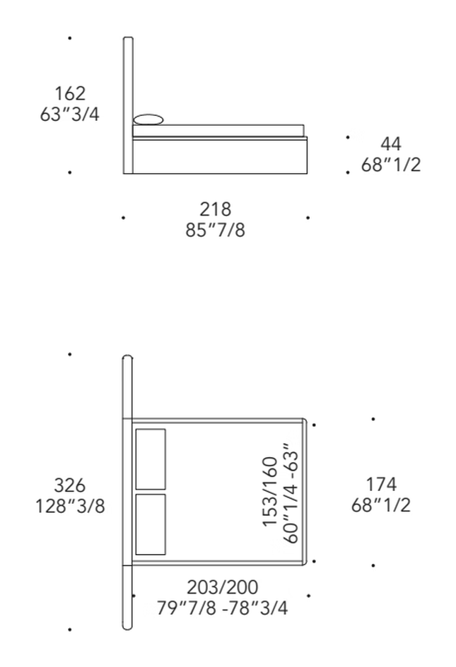 Plissé XL Letto Bed by Reflex, size drawing 1