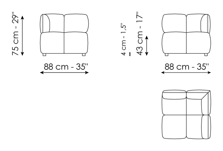 Brik Sofa by Bonaldo, size drawing: Corner