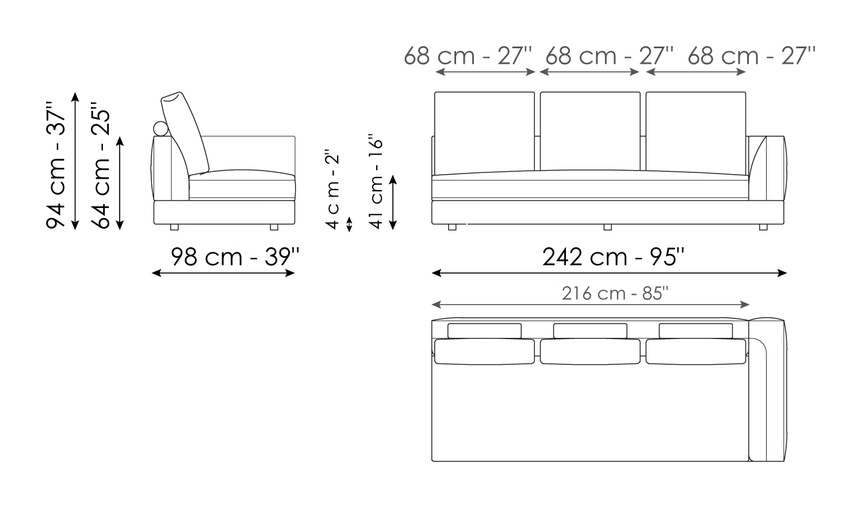 Liam Sofa by Bonaldo, size drawing: End section sofa 242