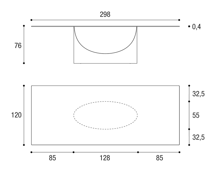 U Dining Table by Lago, size drawing: 2490W