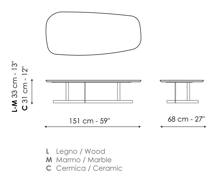 Kumo Coffee Table by Bonaldo, size drawing: Kumo 151