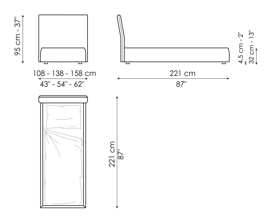 Tonight Single Bed by Bonaldo, size drawing: Tonight