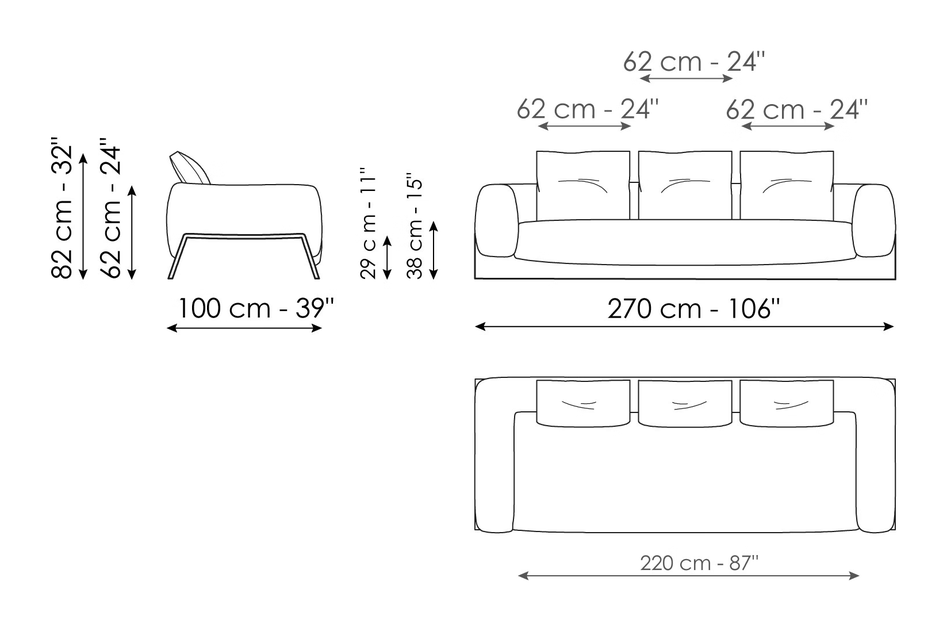 Boolean Sofa by Bonaldo, size drawing: Sofa 270