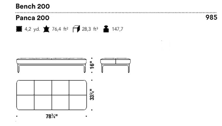 Modernista Ottoman Bench by Moroso, size drawing: Bench 200