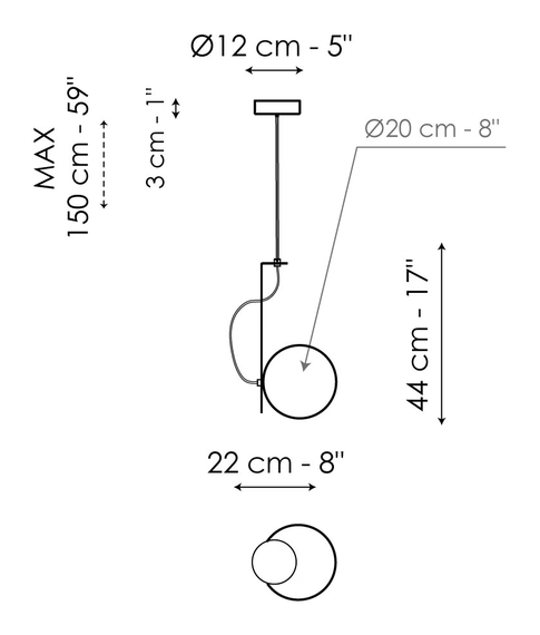 Bon Ton Pendant by Bonaldo, size drawing: 1 light suspension