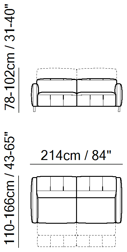 Sophy Sectional by Natuzzi Italia: Three-seater sofa with two cushions and two electric recliner functions, outline drawing with sizes