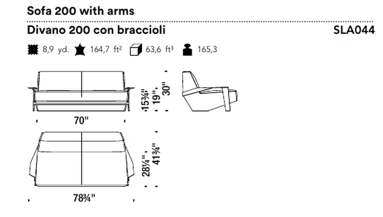 Silver Lake Sofa by Moroso, size drawing: Sofa 200 with arms