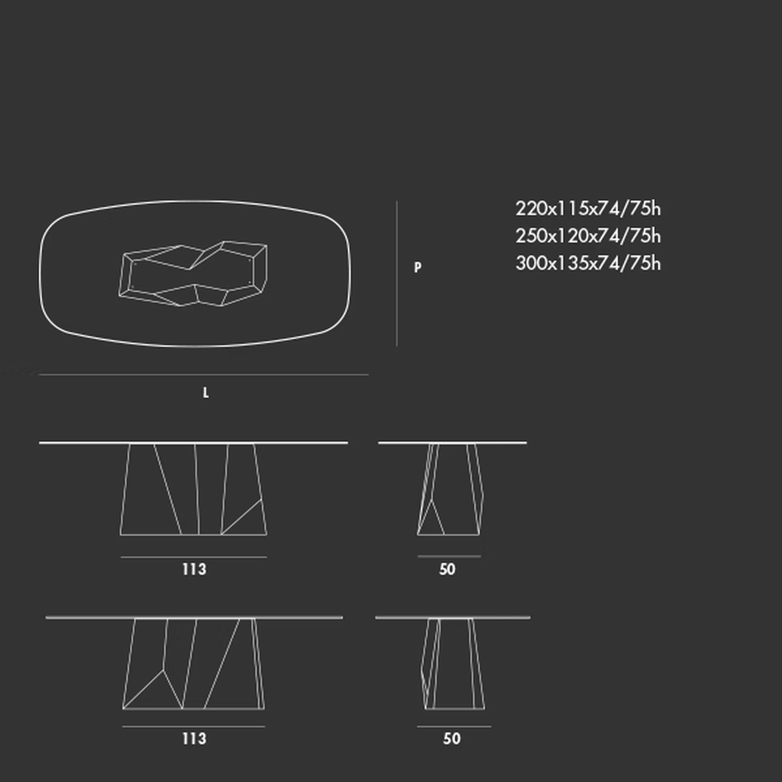 Grandeod Table by Sovet, size drawing: Shaped
