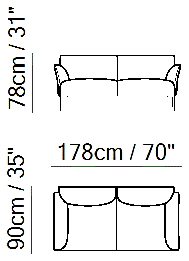 Eufolia Sectional by Natuzzi Italia: Three-seater sofa, outline drawing with sizes