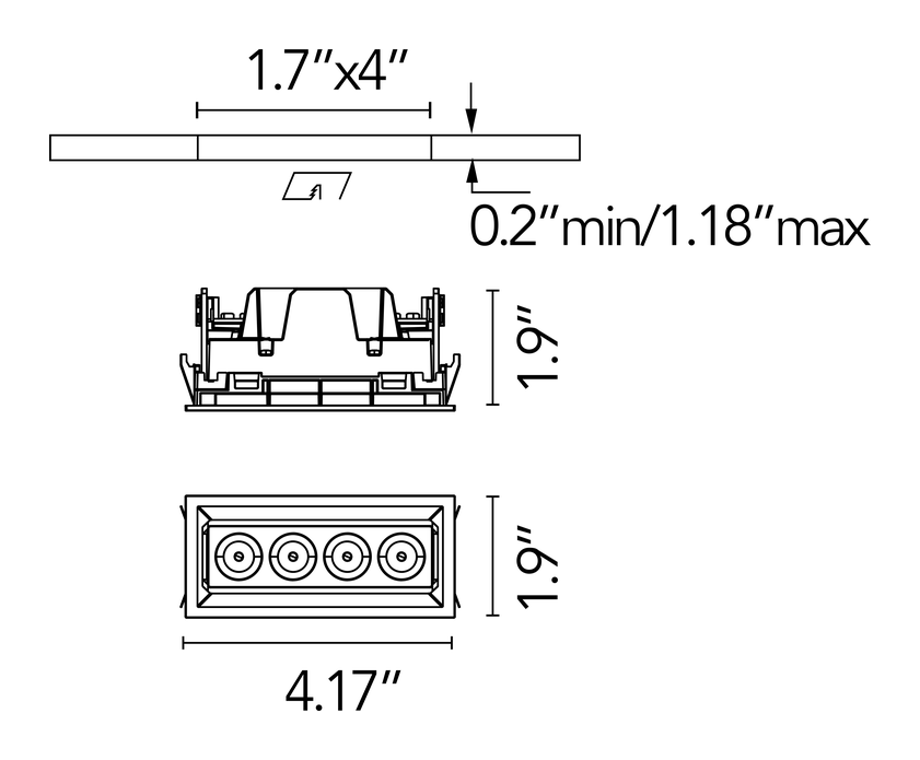 Light Shadow Mini Trim Downlight by Flos, size drawing: Light Shadow Mini Adjustable Trim 4 Spots