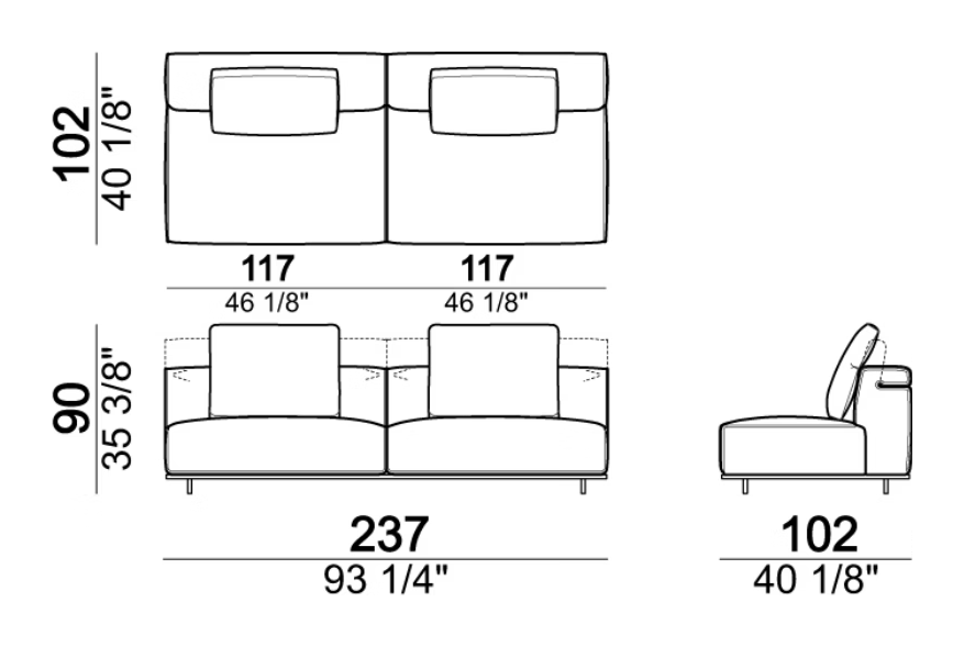 Hackman Sofa by Arketipo, size drawing: Central unit