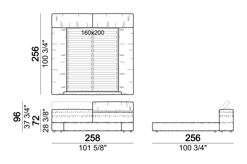 Mayfair Dream Bed by Arketipo, size drawing: Bed with right and left large frame