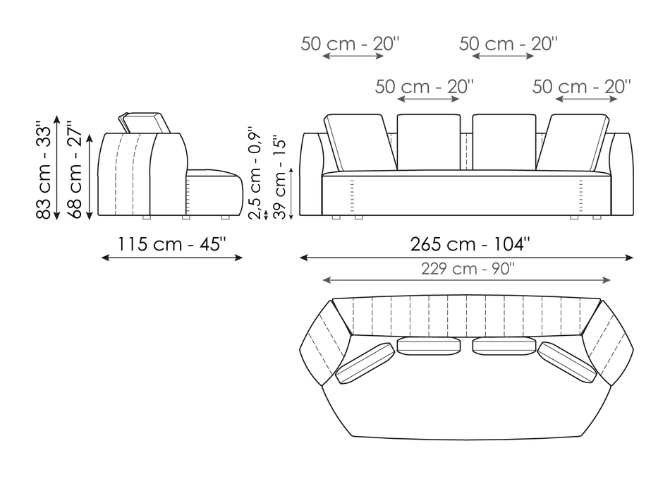 Panorama New Sofa by Bonaldo, size drawing: Sofa 265