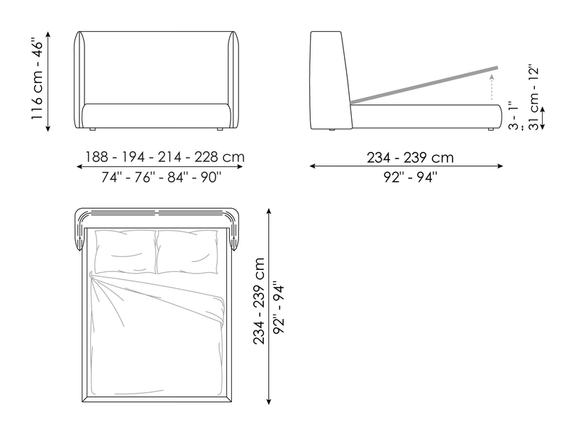 Basket Double Bed by Bonaldo, size drawing: Basket hi open