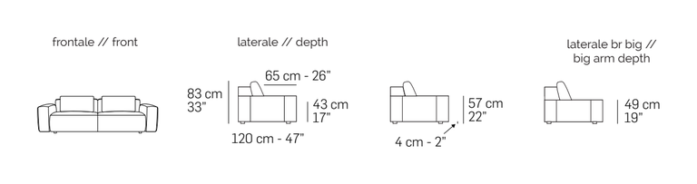 Cairoli Deep Sofa by Nicoline, size drawing: Front and side views