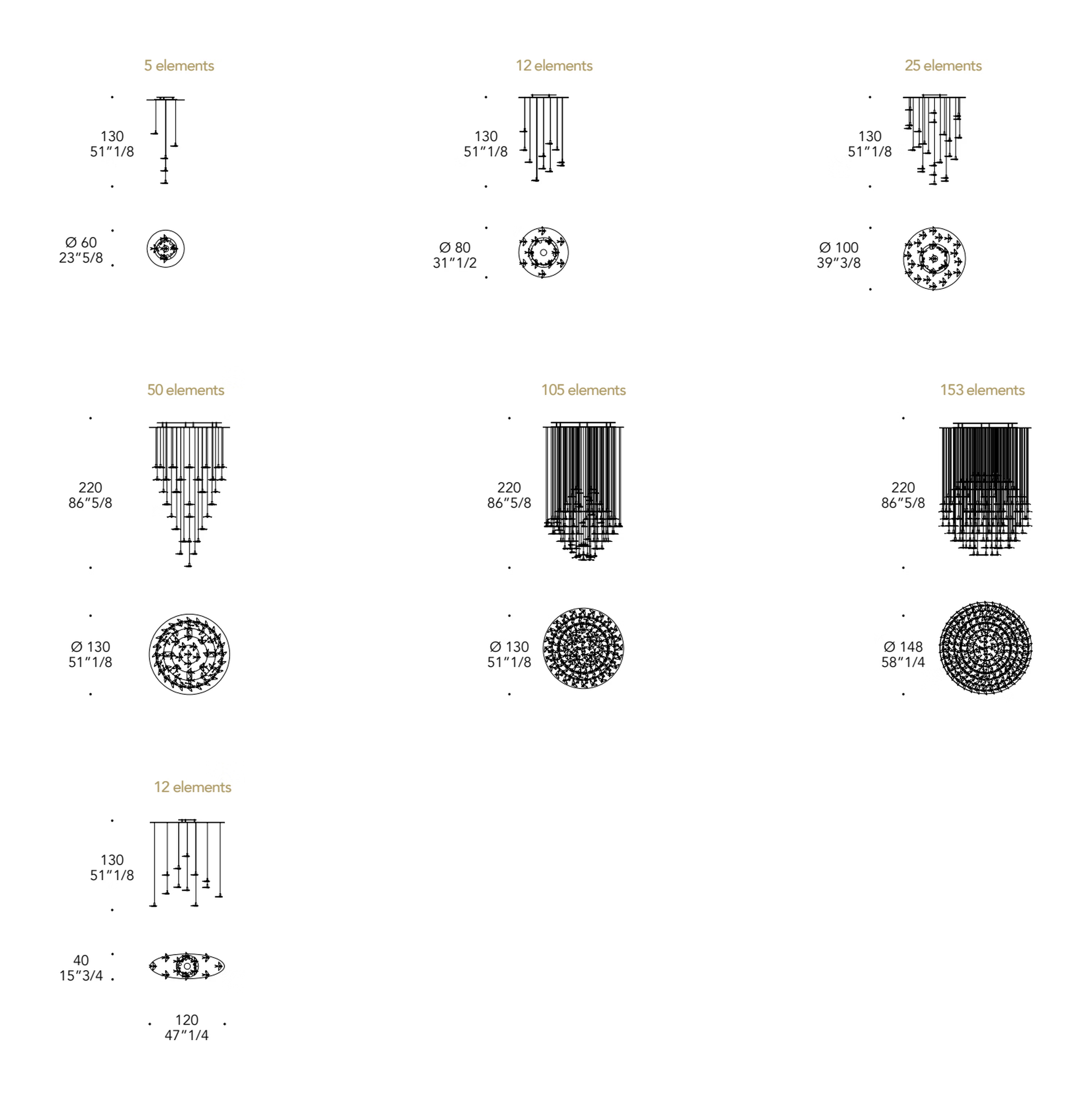 Rondini Lampadario Pendant Lamp by Reflex, size drawing