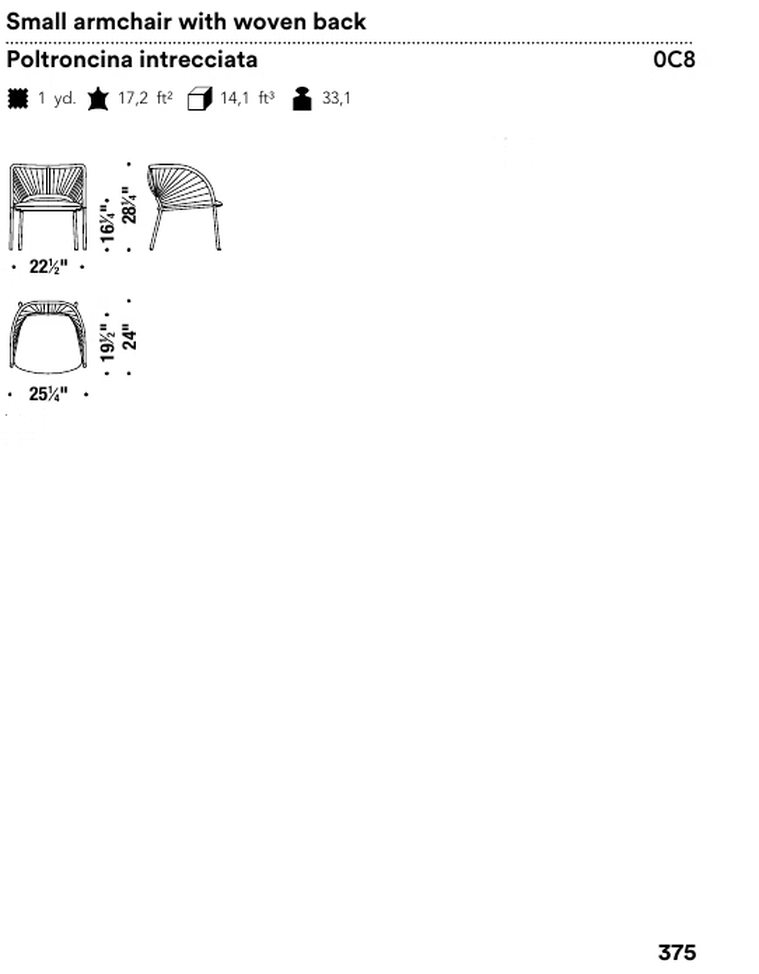 Yumi Armchair by Moroso, size drawing: Small armchair with woven back