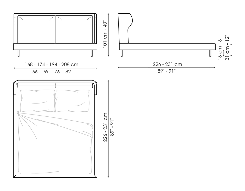 River Double Bed by Bonaldo, size drawing: River
