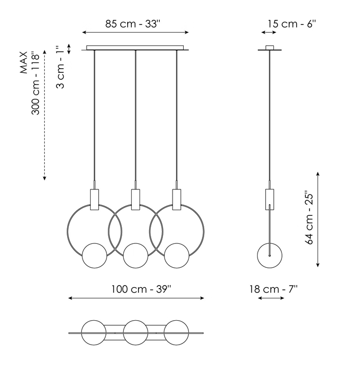 Keshi Pendant by Bonaldo, size drawing: Keshi - 3 lights linear