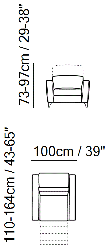 Volo Sectional by Natuzzi Italia: Chair with electric recliner function, outline drawing with sizes