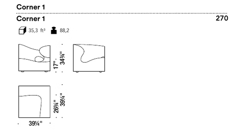 Misfits Sofa by Moroso, size drawing: Corner 1