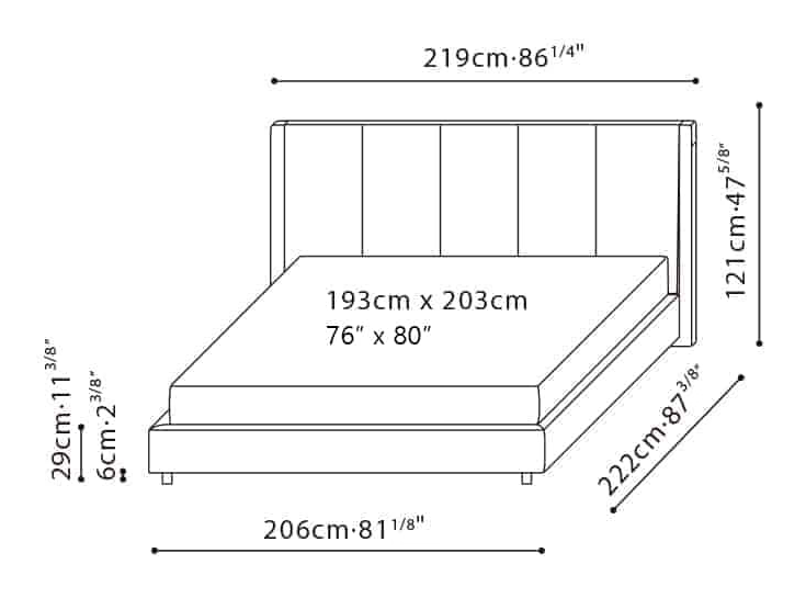 Stratus Bed (Narrow) by Camerich, size drawing: C03J0125 KING