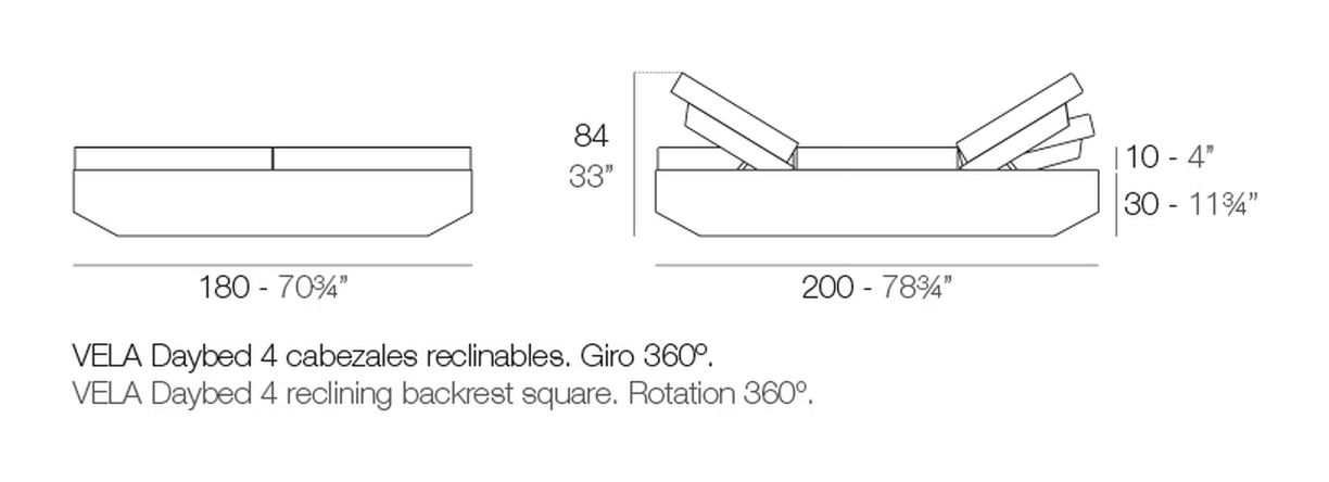 Vela Square Daybed by Vondom, size drawing