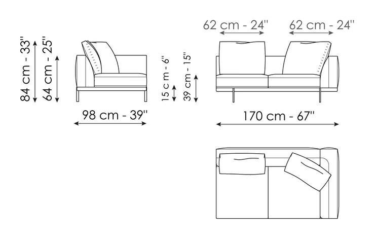 Phil Sofa by Bonaldo, size drawing: End section sofa 170