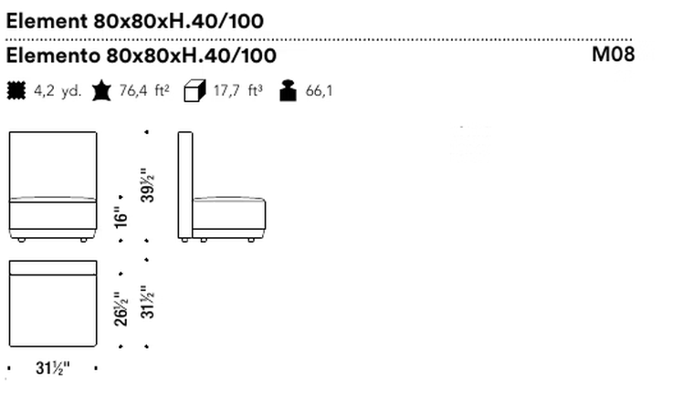 Bikini Island Modular Sofa by Moroso, size drawing: Element 80x80xH.40/100