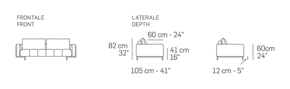 Cortina Tufted Sofa by Nicoline, size drawing: Front and side views