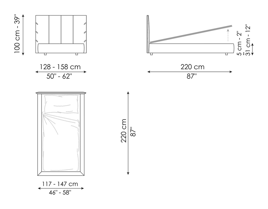 Cuff Single Bed by Bonaldo, size drawing: Cuff open