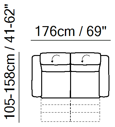Diesis Sectional by Natuzzi Italia: Two-seater sofa with two electric recliner functions, outline drawing with sizes
