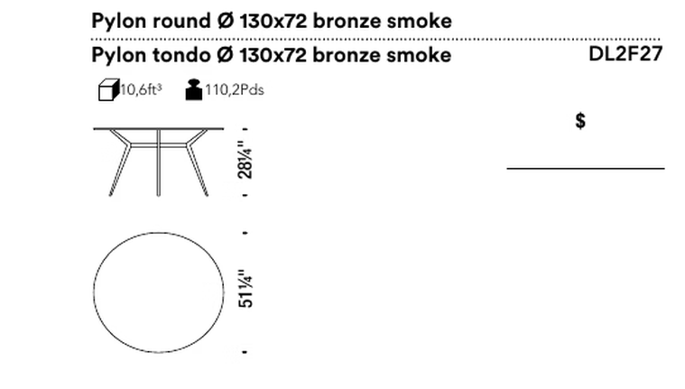 Pylon Table by Moroso, size drawing: Pylon round Ø 130x72 bronze smoke