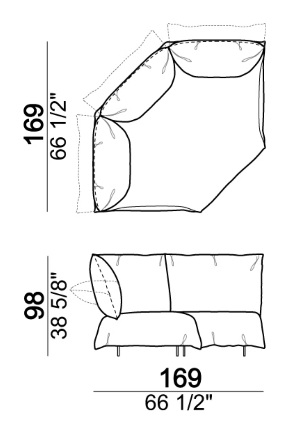 Bodyguard Zen Sofa by Arketipo, size drawing: Corner unit