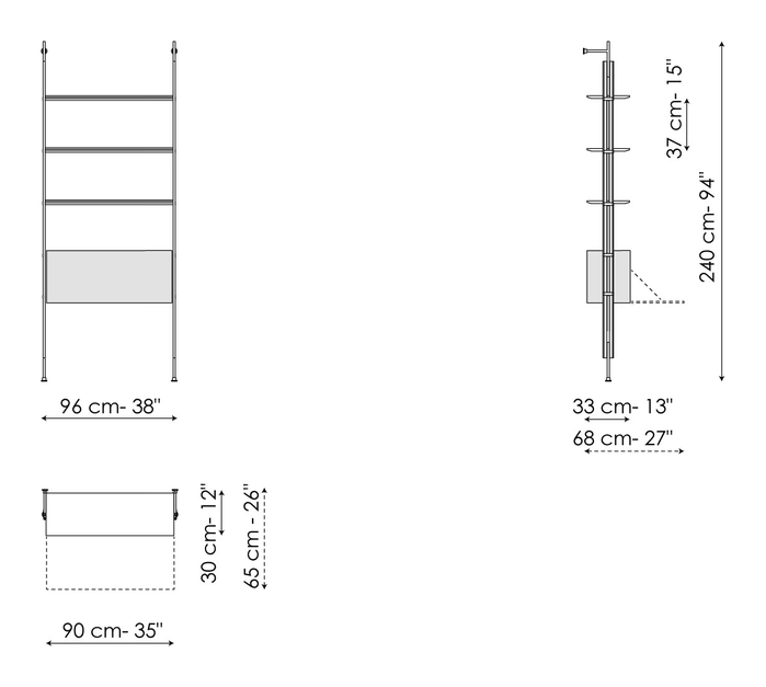 Roll Bookshelf by Bonaldo, size drawing: Wall fixing 1 module
