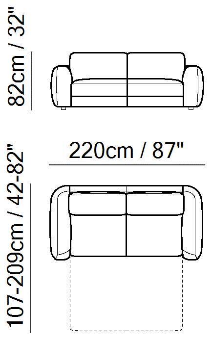 Simple Sofa Bed by Natuzzi Italia: 2.5-Seat Sofa Bed, outline drawing with sizes